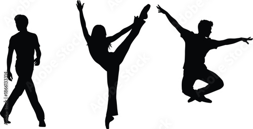 Dance silhouette, black vector, ballet pose, leap motion, elegant movement, performance icon, graphic, illustration, flexibility, artistic expressionDance silhouette, black vector