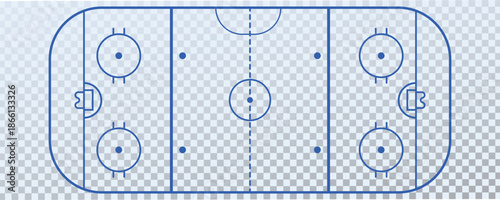 Top view ice hockey rink markings with accurate lines and proportions on transparent background. Clean sports layout for diagrams, infographics, coaching, broadcasts, and tactical analysis design.
