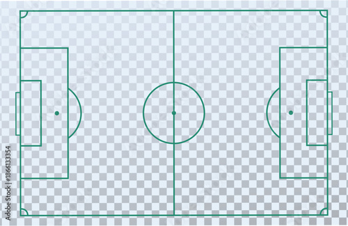 Top view soccer field markings with accurate lines and proportions on transparent background. Clean sports layout suitable for diagrams, infographics, apps, broadcasts, and football analysis design.