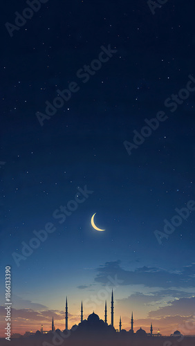 Islamic Night Background with Mosque Silhouette and Crescent Moon, Spiritual Isra Miraj Sky Illustration for Ramadan and Muslim Religious Design