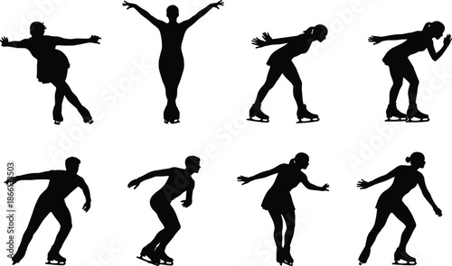 Figure skater silhouette, black vector, ice skating pose, athletic movement, winter sport, choreography icon, graphic, illustration, performance, eleganceFigure skater silhouette, black vector