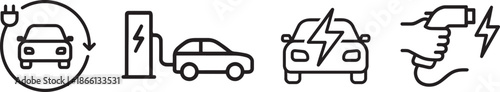Electric car and EV charge station silhouette icon set for eco transport and energy.