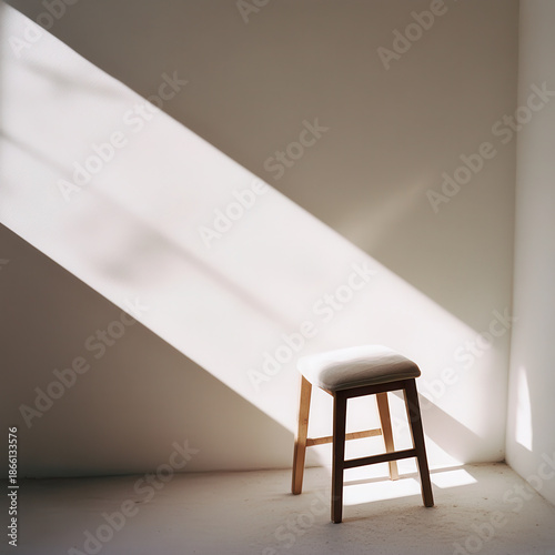 Minimal wooden stool with cushioned seat bathed in diagonal sunlight creating serene warm mood in empty corner
