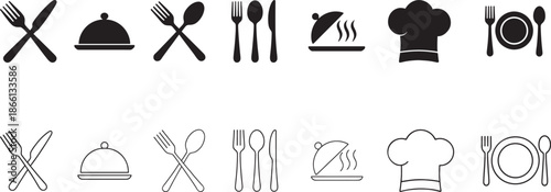 Fork, spoon, knife, plate, chef hat and cloche silhouette icon set for food design.