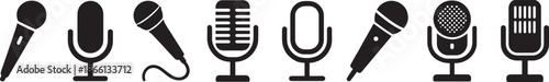 Microphone silhouette icon set for audio, podcast, music, recording and media design.