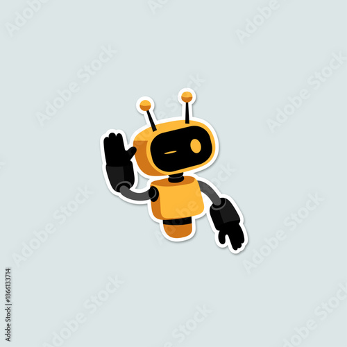 Yellow floating robot blinking eye sticker character mascot AI on gray background