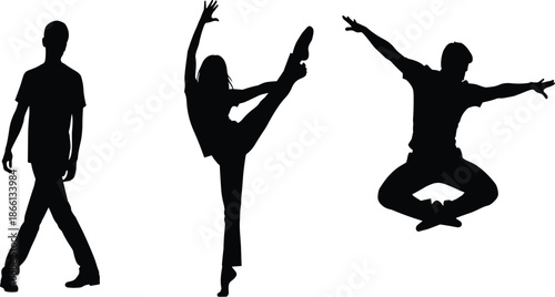 Dance silhouette, black vector, walking pose, stretch motion, jump leap, athletic movement, graphic, illustration, performance, physical expressionDance silhouette, black vector, walking pose, 