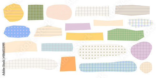 Vector set of colorful pastel paper scraps, washi tape strips, torn, unevenly cut out with scissors from school notebook with grid, line, dot pattern for scrapbooking, bullet journaling, presentation.