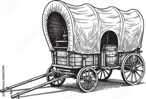 covered wagon with canvas top and wooden wheels and barrels