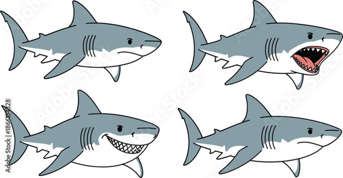Cartoon shark vector set with aggressive and cute facial expressions isolated on white background marine illustration