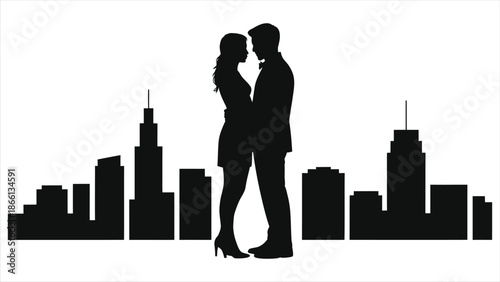 Romantic Couple Silhouette Man Woman Embracing Against City Skyline Background, Valentine's Day Vector Illustration, Love Romance Urban Dating Black and White