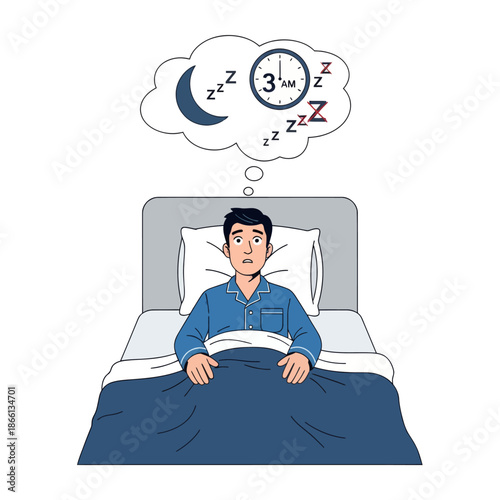 Man awake in bed at 3 AM, unable to sleep, thinking about sleeplessness and insomnia
