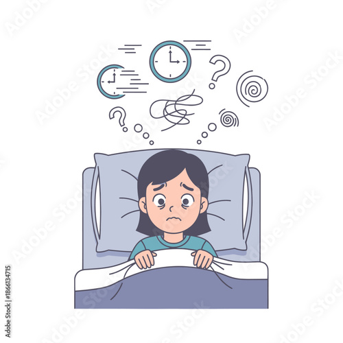 Anxious person in bed unable to sleep, with clocks and question marks above head