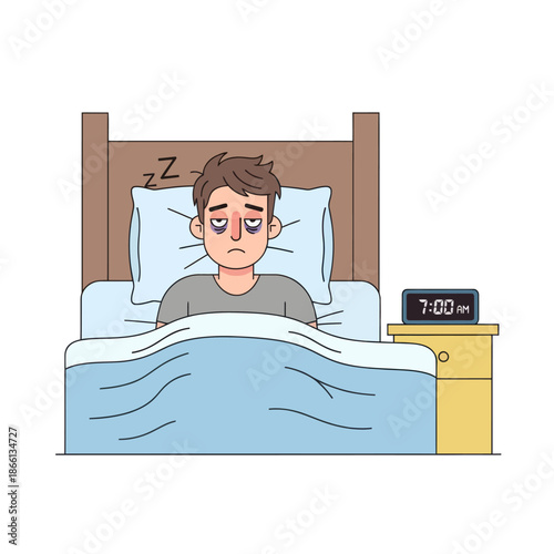 Tired Man Wakes Up Exhausted in Bed with Alarm Clock Showing 7:00 AM