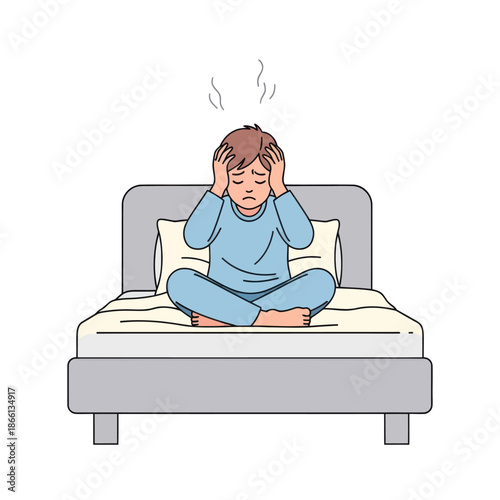 Sad boy sitting on bed with hands on head, feeling unwell, stress, headache