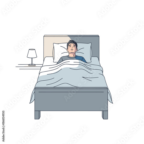 Man sleeping peacefully in bed, morning sunlight with shadows, simple illustration style