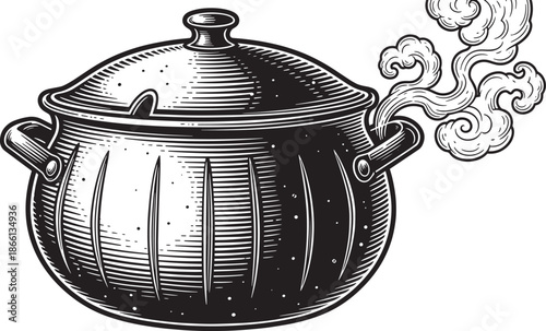 A large cooking pot with steam coming out