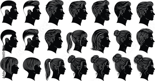 Set of Diverse Men and Women Haircut Silhouettes Featuring Modern Hairstyles Barber Shop Icons and Hair Salon Vector Profiles for Beauty Styling