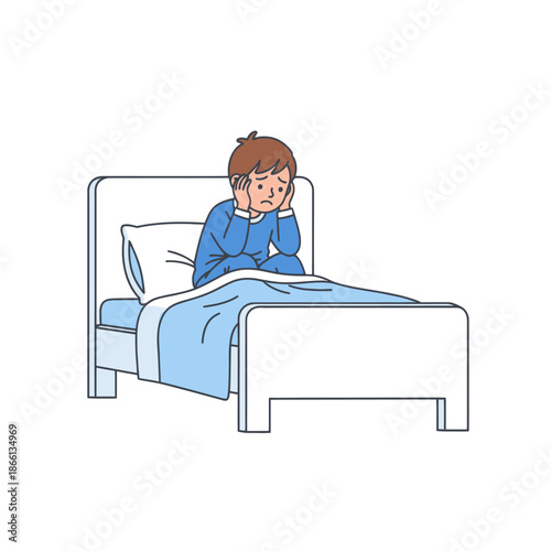 Young Boy Sitting in Bed, Holding Head In Hands, Feeling Sad and Worried
