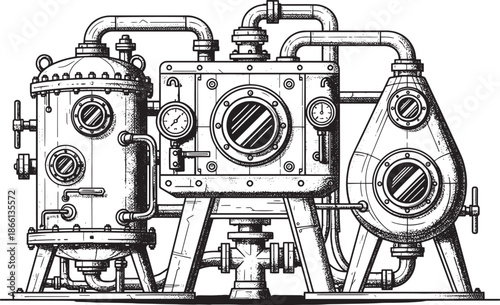 Industrial machine with pipes and gauges connected