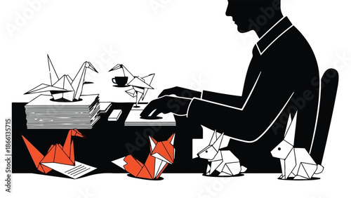 Creative person crafting intricate origami figures while working at a desk, symbolizing focus and artful dedication