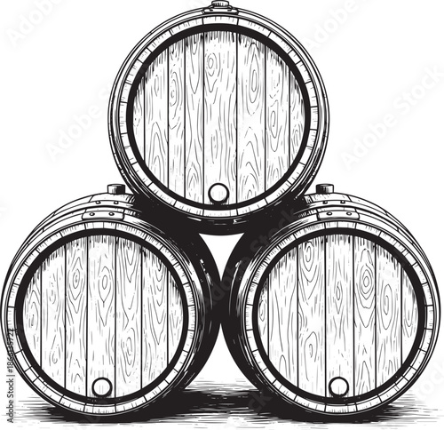 three wooden barrels stacked on each other