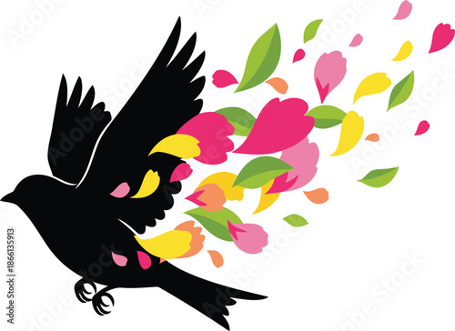 Black bird silhouette with colorful petals and leaves flying away on white background Keywords: bird
