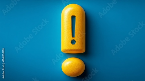 Close-up studio shot of a vibrant yellow exclamation point on a contrasting blue surface