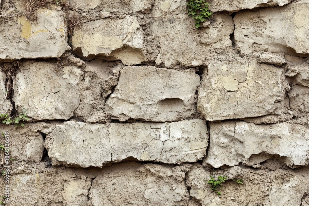 Fototapeta premium Distressed Rough Masonry Surface with Cracked Stone Texture and Architectural Pattern Details