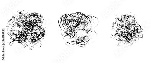 Abstract grunge cross scribble striped chaotic round textures of black ink brush strokes. Artistic vector paintbrush textured geometric shape border set for texture frame design, cage, angry concept