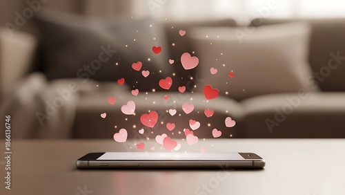 Digital love concept: numerous pink and red hearts emerging from a smartphone screen on a table