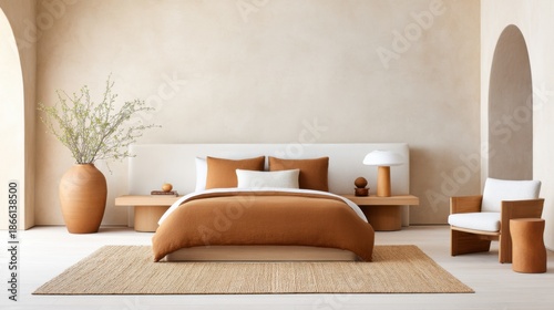 Monochromatic terracotta bedroom, clay plastered walls, rustcolored linen bedding, large textured wool rug, warm sculptural ceramic lamps, earthy