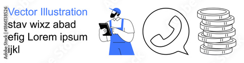 Business services, communication, ecommerce, delivery logistics, financial transactions, customer support. A delivery worker holding a clipboard, a phone icon and stacked coins. Communication