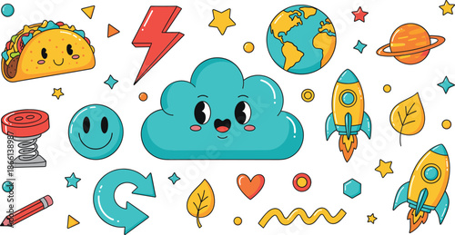 Cute cartoon doodle vector set with cloud rocket planet icons playful colorful fun elements