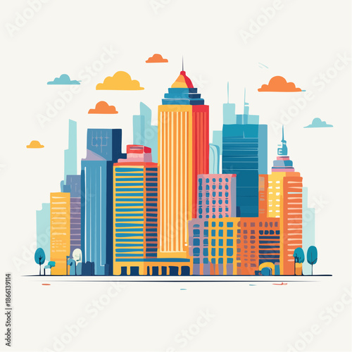 Vibrant Cityscape With Tall Buildings And Colorful Clouds Under A Bright Sky