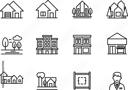 Hand Drawn Houses and Buildings Icons Set – Residential Architecture Real Estate Line Symbols