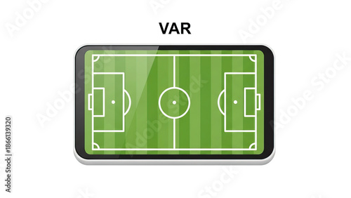 Football field representation on a tablet displaying VAR in white background.