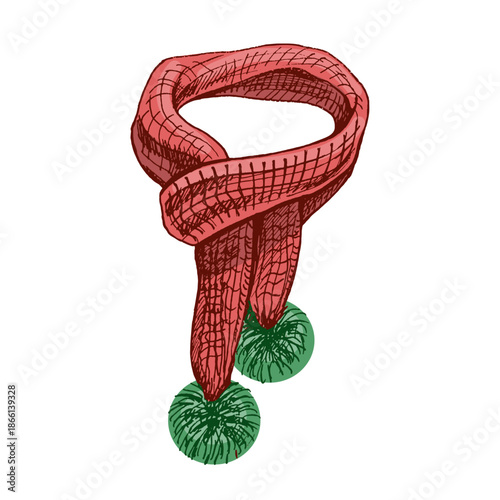 Hand drawn vintage sketch of red knitted scarf with green pompoms, isolated color vector illustration