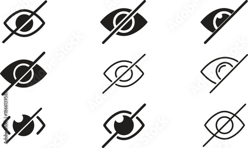 Set of Hidden Visibility Icons with Crossed Out Eye Symbols for Privacy and Sensitive Content Interface Design
