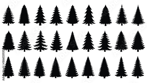 Collection of black pine tree silhouettes forest icons set isolated on white background for nature design winter landscape branding projects