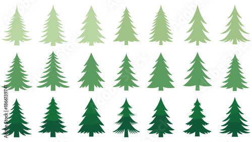 Green pine tree icons collection, showing evergreen forest shapes isolated on white background flat vector illustration nature design set elements