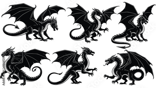 Set of black dragon silhouettes vector collection isolated fantasy winged creatures medieval myth illustration design elements for tattoo logo branding