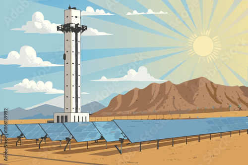Solar Thermal Tower Field Bright Noon Back