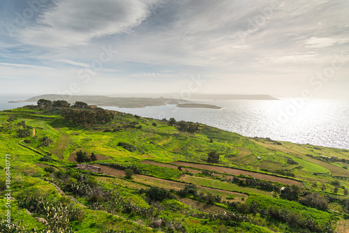 Foto Panoramic view of the terraced green fields and rural landscape of Gozo, Malta,