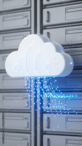 Cloud computing concept with digital data streaming in modern server room environment