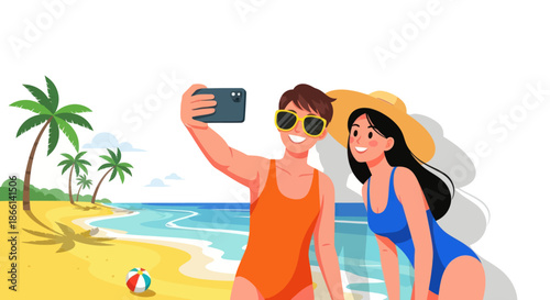Couple takes a selfie on a tropical beach vacation.