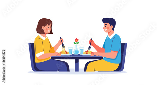 A couple enjoys a spaghetti dinner together at a restaurant.