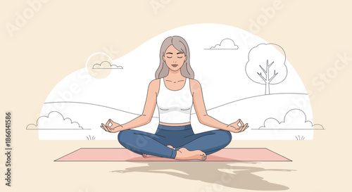 Woman in meditation pose practicing yoga outdoors.