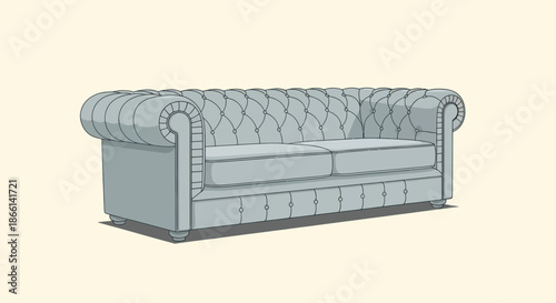 A chesterfield sofa illustrated on a light yellow background.