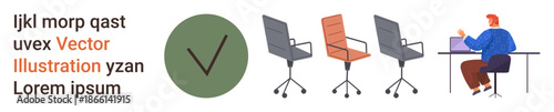 Business environment, office design, workspace aesthetics, professional furniture, productivity, task management. Multiple office chairs, a checkmark a person working at a desk. Office design
